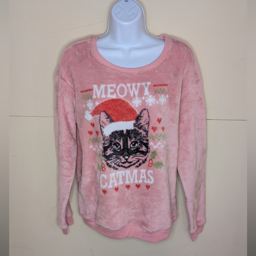 Fifth Sun Merry Catmas Fuzzy Pink Holiday Sweatshirt
